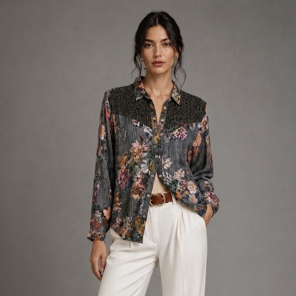 Johnny Was Tops - Johnny Was Silk Blend Top S Green Purple Floral Velvet Whimsigoth Boho Shirt